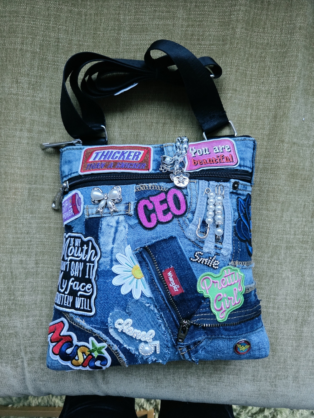 Denim Patchwork Crossbody Bag - Blue